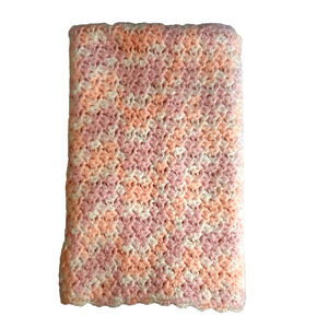 VTG Crocheted Shell Pattern Baby Afghan Pink White Handmade Girl Nursery 35”x30”
